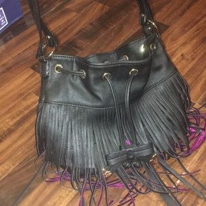 betsey johnson black fringe bucket bag